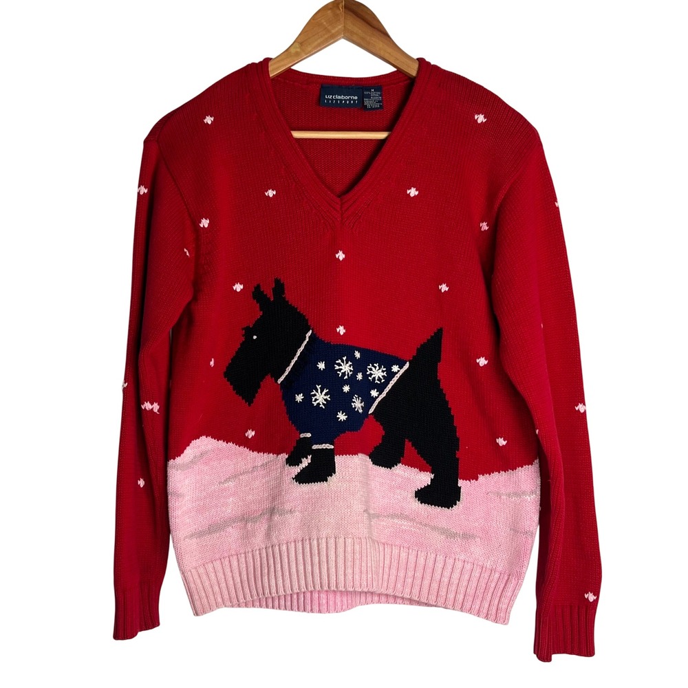 Liz Claiborne Lizsport Red Scottie Dog V-Neck Cotton Sweater Womens Medium